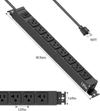 JUNNUJ Heavy Duty Power Strip Wall Mount, 20 Amp Surge Protector 1200J Metal 8 Outlet Under Desk Mounted 20A, Garage Power Table Socket Industrial Outlets 6-20R T-Slot, Black-15FT 12AWG Extension Cord