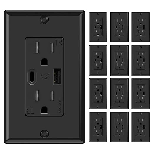 ELEGRP Wall Outlets 12 Pack, 15 Amp Wall Outlets Receptacles, Outlets with A and C Ports, Tamper Resistant Receptacle, Wall Plate Included, UL Listed, Black