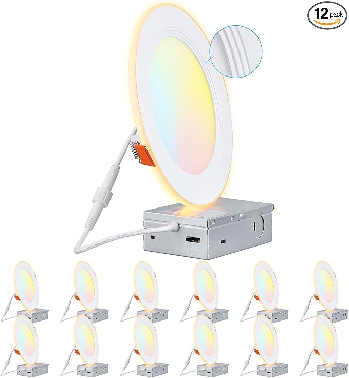 TORCHSTAR 12-Pack 6 Inch 5CCT LED Recessed Lighting with Night Light, Anti-Glare Baffle Trim, 2700K3000K3500K4000K5000K, High CRI90, 12W Dimmable Ultra-Thin Canless Wafer Downlight, ETL