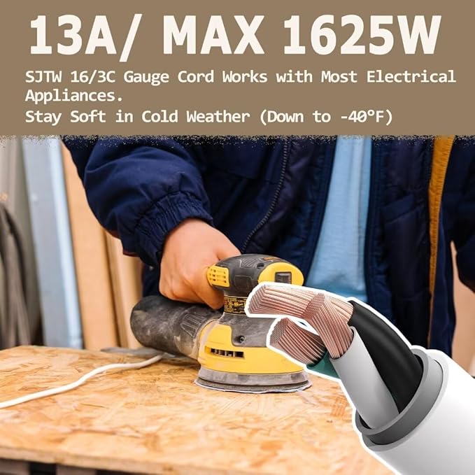 Indoor Outdoor Extension Cord 50 FT Waterproof, 16/3 Gauge Heavy Duty White Extension Cords, 13A 1625W SJTW Extension Cord with 3 Prong Grounded Plug, Great for Tools, Lights, UL Listed.