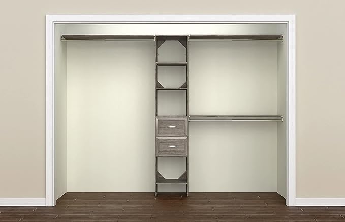 ClosetMaid SuiteSymphony Wood Closet Organizer Kit with Tower 3 Hang Rods, Top Shelves, 2 Drawers, Adjustable, Fits Spaces 5-9 ft. Wide, Graphite Grey