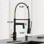 Smart Kitchen Faucet, 3 Modes Pull Down Sprayer, LED Temperature Control, Ceramic Valve,360-Degree Rotation,1 or 3 Hole Deck Plate, Double Spout. 10-Year Warranty. (KW-21RK, Gold/Black)