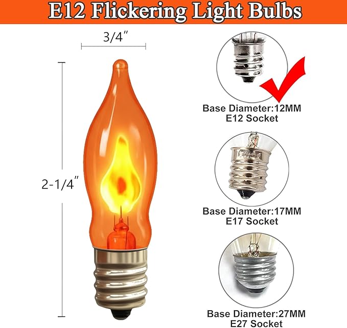 Flickering Flame Light Bulbs 1W, C7 E12 Incandescent (12 Pack), UL Listed 2200K Orange, Candelabra Bulbs for Window Candles, Chandeliers, Halloween Night Lights, C7 String Light Replacement