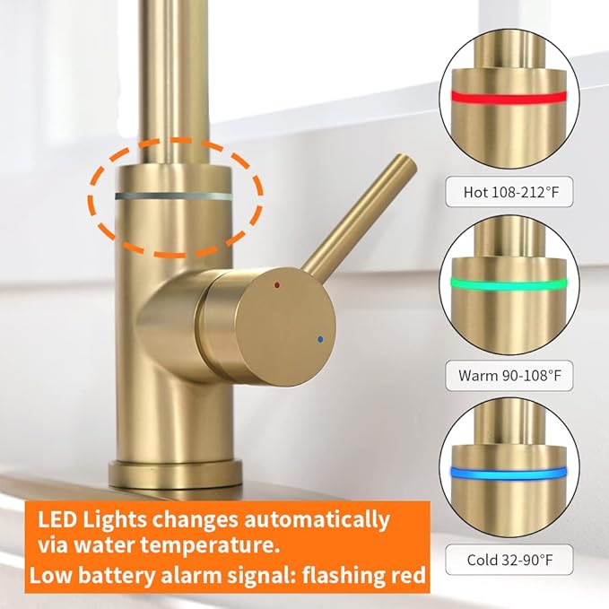 Smart Kitchen Faucet, 3 Modes Pull Down Sprayer, LED Temperature Control, Ceramic Valve, 360-Degree Rotation, 1 or 3 Hole Deck Plate. 10-Year Warranty. (KW-56J, Gold)