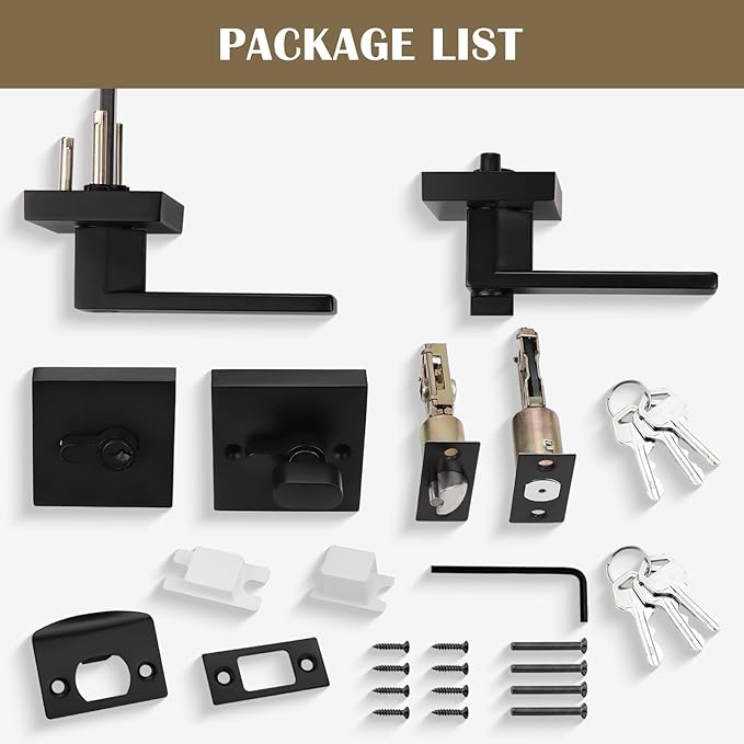 2 Pack Keyed Entry Door Lever and Single Cylinder Deadbolt Set, Keyed Alike Reversible Lockset, Matte Black Square Interior/Exterior Handleset for Bedroom, Front Door