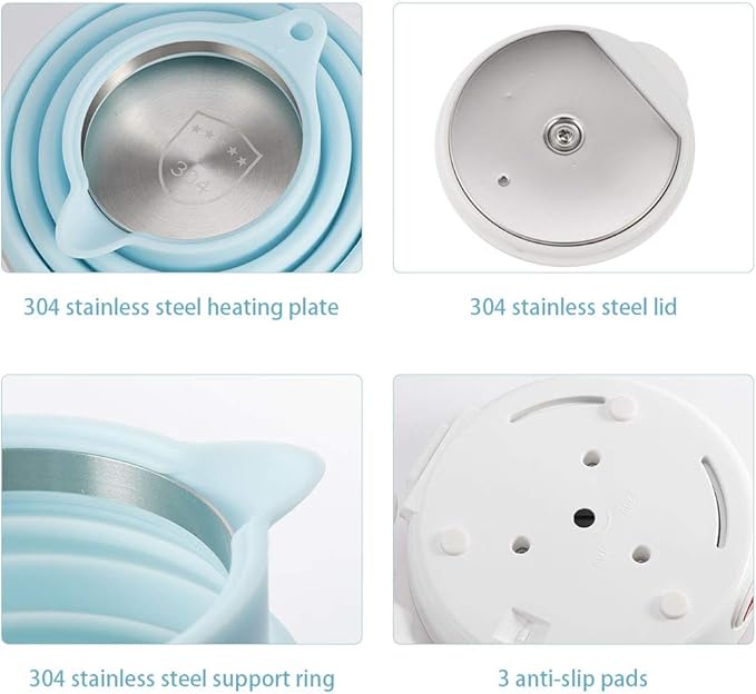 Ultrathin Upgraded Food Grade Silicone Travel Foldable Electric Kettle Boil Dry Protection Portable with Dual Voltage and Separable Power Cord,555ML 110-220V US Plug