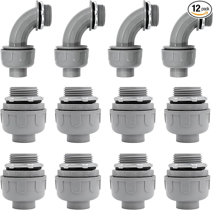 2 inch PVC Flexible Conduit Connector UL Listed Conduit Connector Fittings 12 Pack (8 Pcs 180D/4 Pcs 90D)