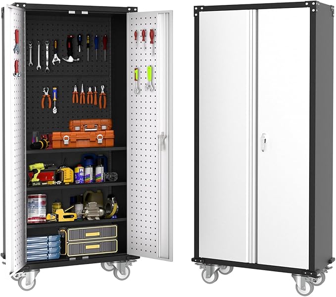 GarveeHome 72 in Steel Rolling Tool Cabinet with Lock | Heavy-Duty Garage Storage w/ 4 Adjustable Shelves & Pegboard | Industrial Organizer for Workshop Home