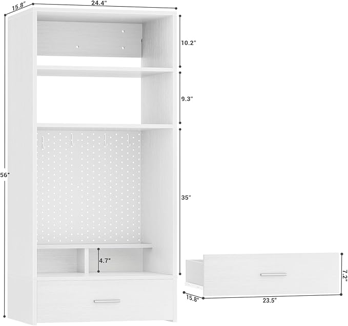 Unikito 24 inch Closet System with Drawers and Magnetic Pegboard, Wall Mounted Closet Organizer with Vanity Storage Shelves, Multipurpose Vanity Desk for Bedroom, Mudroom, and Entryway, White