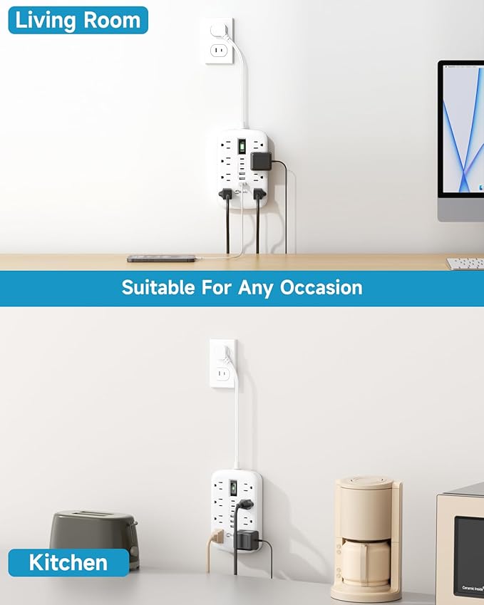 Short Extension Cord 1 ft - 2 Prong Power Strip 1700J Appliance Surge Protetor with 15A 8 Outlets 6 USB (5V/4.8A 24W) Charging Ports, Multi Plug Wall Outlet Extender for Home Office Dorm Roomc, White