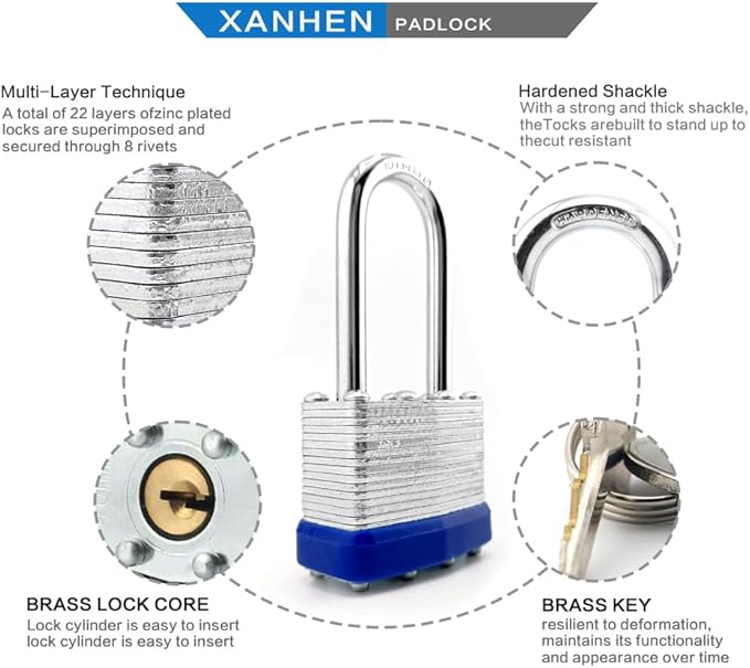 Laminated Steel Keyed Padlocks, 12 Pack, Blue, Keyed Alike, Long Shackle, 1-9/16" (40mm), For Hasp Latch, Sheds, Fences, Storage Locker, School, Gym