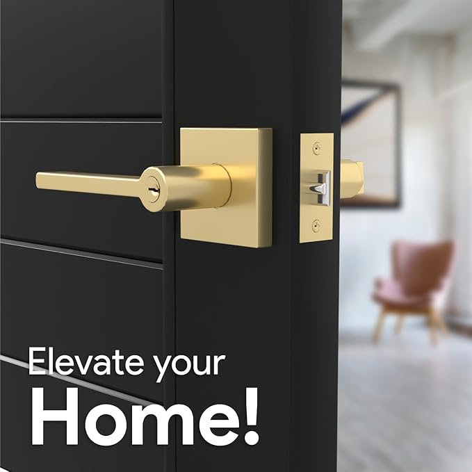 Mega Handles - Prime Entrance Handle, Entry Lever Door Handle, Heavy Duty Square Locking Lever Set for Left or Right-Handed Doors, Interior/Exterior Door Levers - Satin Brass