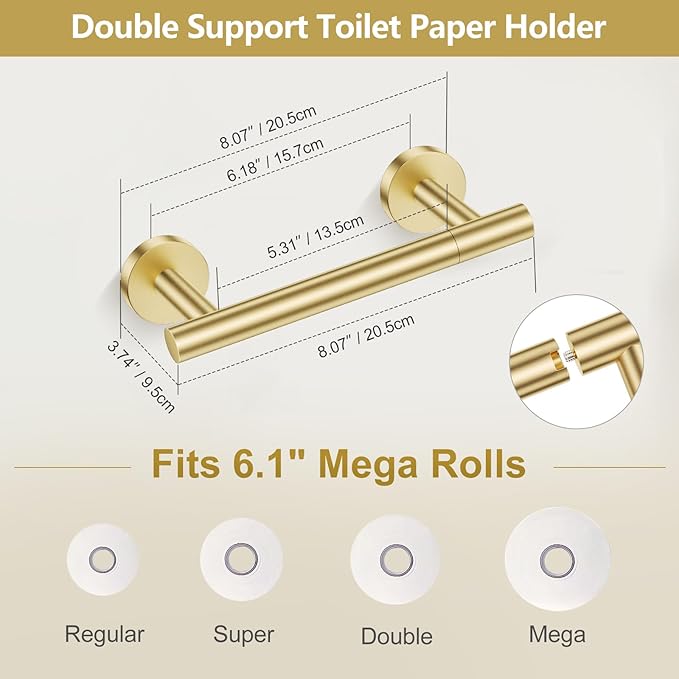 TQKAG Brushed Gold 5 Piece Bathroom Hardware Accessories Set 23.6" SUS304 Stainless Steel Bathroom Towel Bar Holder Sets Double Post Pivoting Toilet Paper Holder Set Wall Mounted