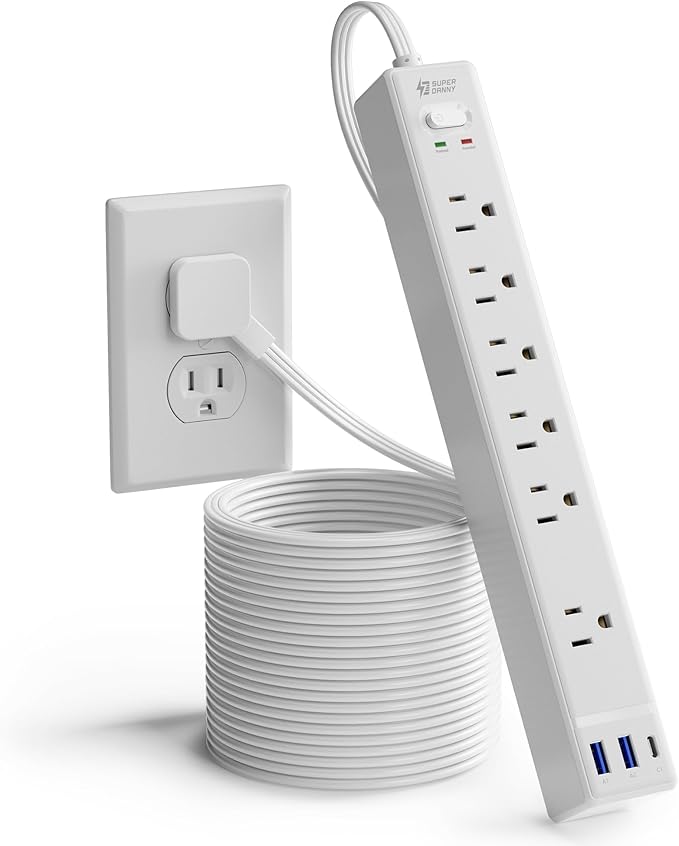 15Ft Long Extension Cord, SUPERDANNY Surge Protector Power Strip with 6 Outlets & 3 USB Ports, Flat Plug Power Strip Wall Mountable, Desk Charging Station for Home Office, College Dorm Room Essentials