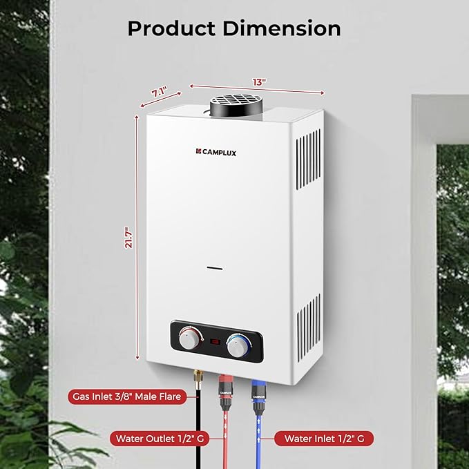 CAMPLUX 2.64 GPM Tankless Propane Water Heater, Portable Water Heater Outdoor with Overheating Protection, for Camping, Cabins, Barns, Easy Installation, 68,000 BTU, BD264