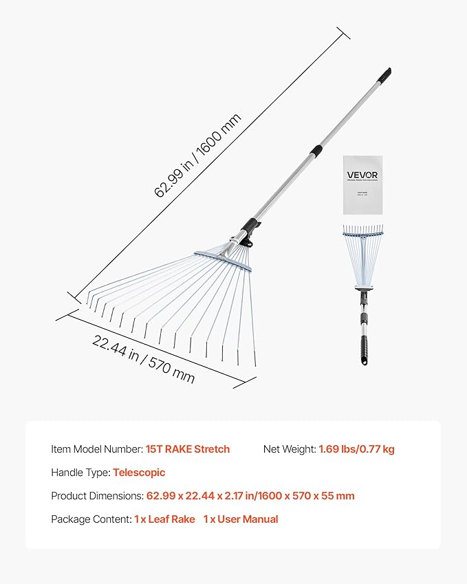 VEVOR Leaf Rake, 15 Metal Tines, Adjustable Garden Rake for Lawns with 7.5-22.4 Inch Wide Head & 32-63 Inch Long Handle, Heavy Duty Stainless Steel Small Leaves Tool for Gardening Camping Yard Grass