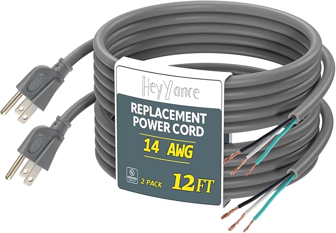 2 Pack 12 ft 14/3C SJTW Appliance and Power Tool Cord, 14 Gauge 3 Prong Heavy Duty Replacement Power Supply Cord Cable, 110V 115V 120V AC Pigtail, 15A, 1875w
