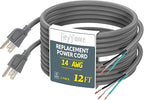 2 Pack 12 ft 14/3C SJTW Appliance and Power Tool Cord, 14 Gauge 3 Prong Heavy Duty Replacement Power Supply Cord Cable, 110V 115V 120V AC Pigtail, 15A, 1875w