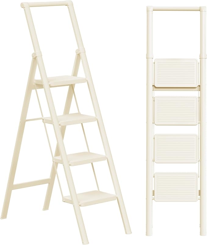 GameGem 4 Step Ladder Folding Step Stool Stepladders with Anti-Slip and Wide Pedal for Home and Kitchen Use Space Saving (White)