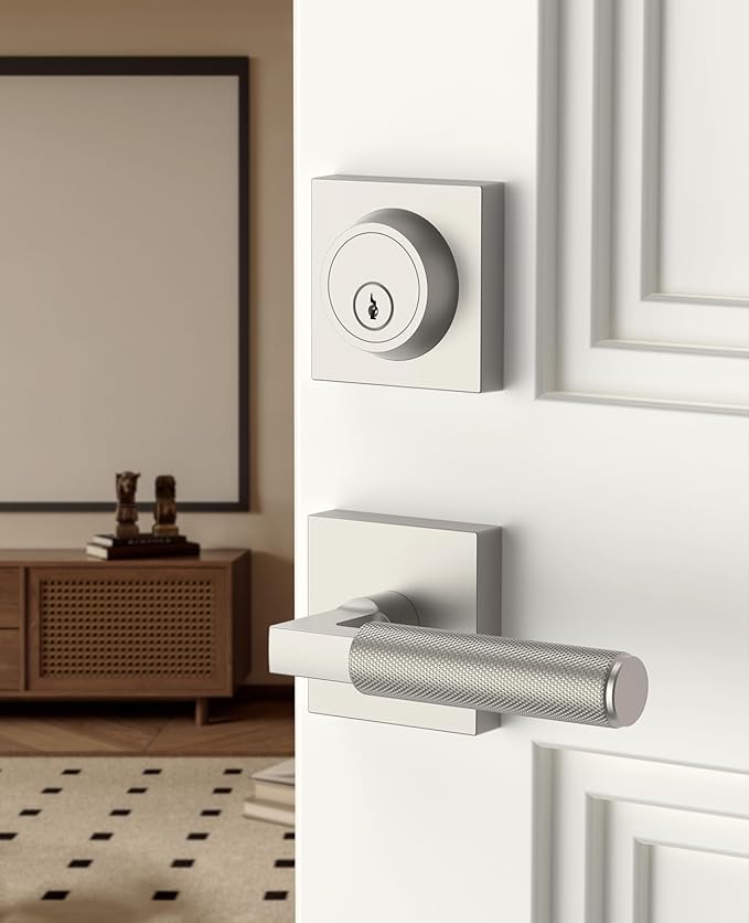 Asidrama Premium Satin Nickel Zinc-Alloy Front Door Lock Set: Double Cylinder Deadbolt, Heavy Duty Security Handleset for Left/Right Exterior Doors, Universal Entry Locks (1 Pack)