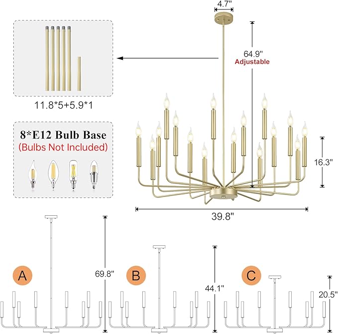 Qamra Modern Farmhouse Gold Chandelier for Dining Room, 16-Light Rustic Candle Chandelier Light Fixture, Industrial Hanging Chandeliers Lighting for Living Room, Kitchen, Staircase, Entryway, Foyer
