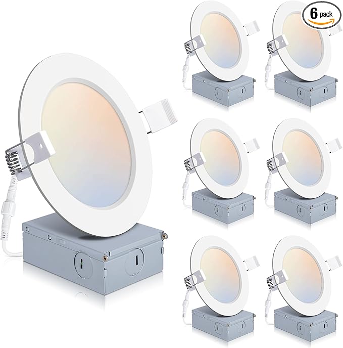 6 Pack 4 Inch LED Recessed Lights with Junction Box, Recessed Lighting 4 Inch 5CCT Dimmable 2700K-6000K, 9W 850lm Canless Downlight-ETL and Energy Star Certified