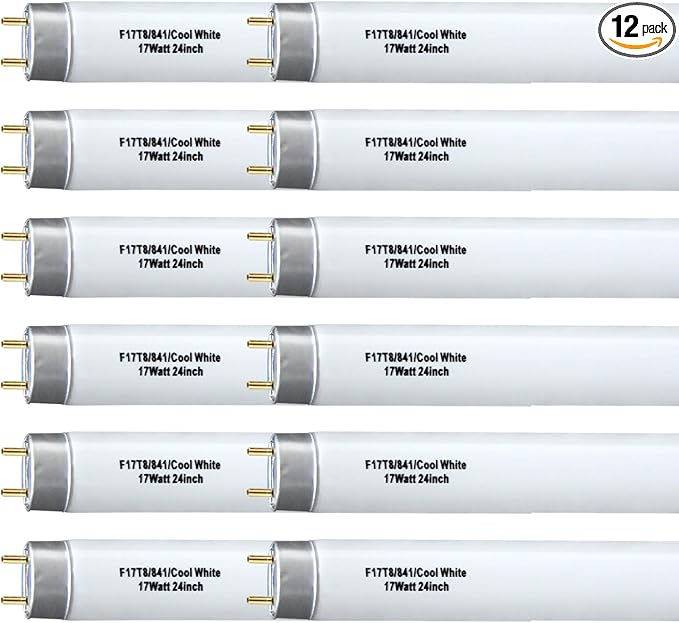 12 Pack 24 inch 17Watts F17T8 Fluorescent Bulb, F17T8/841 4100K Cool White,2ft T8 Fluorescent Tube Light,Medium Bi-Pin (G13) Base,1400 Lumens