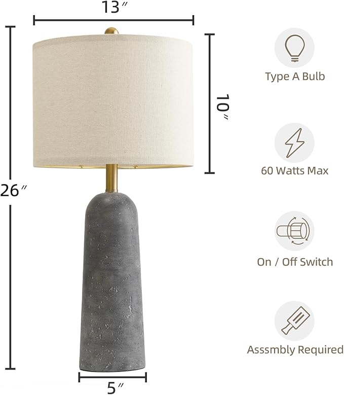 BOBOMOMO 27.25" Travertine Lamp Set of 2, Modern Lamps for Living Room with Linen Shades, Gray Resin Table Lamp with Natural Stone Look, Nightstand Lamp for Bedroom, Living Room, Entryway