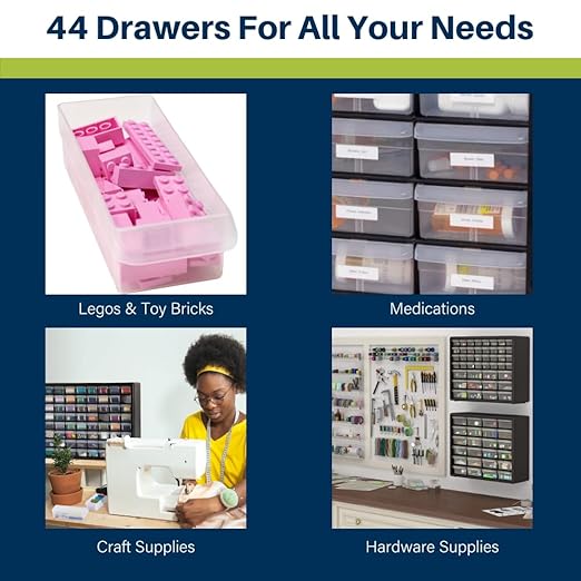 Akro-Mils 44-Drawer Plastic Drawer Storage Cabinet for Garage Organization, Bead Organizer, Building Bricks Storage, Teacher Toolbox, Makeup Organizer, 20-Inch W x 6-Inch D x 16-Inch H, 10144 Red