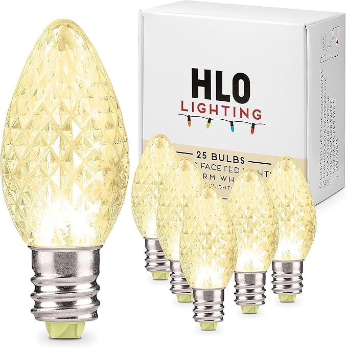 Holiday Lighting Outlet Faceted C7 Christmas Lights | Warm White LED Light Bulbs Holiday Decoration | Warm Christmas Decor for Indoor & Outdoor Use | 2 SMD LEDs in Each Light Bulb | Set of 25