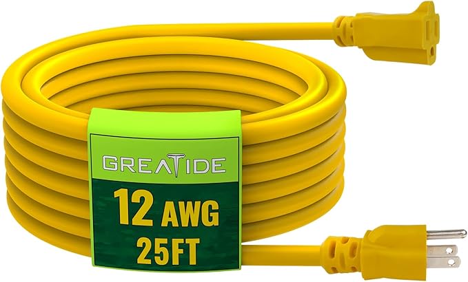 25 Ft Outdoor Extension Cord - 12/3 SJTW Heavy Duty Yellow Extension Cable with 3 Prong Grounded Plug - Power Cord for Lawn, Garden, Appliances