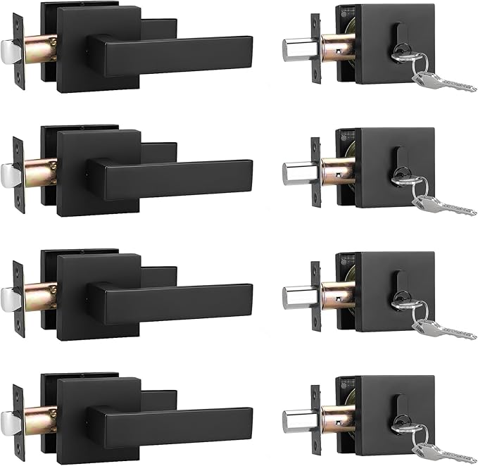 4 Pack Keyed Entry Door Lock with Deadbolt Set, Reversible Passage Lever and Keyed Alike Double Cylinder Deadbolt, Matte Black Square Handleset for Bedroom, Front Door