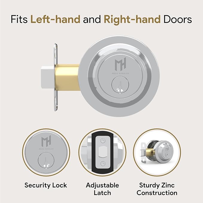 Mega Handles - Ronn Deadbolt I Entry Deadbolt Lock - Heavy Duty Round Locking Deadbolt for Left or Right-Handed Doors - Interior/Exterior - Polished Chrome