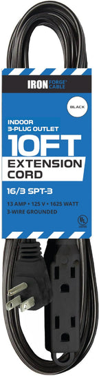 Iron Forge Cable 10 ft Flat Plug Black Extension Cord with 3 Outlets - 16/3 SJTW 3 Prong Indoor 10 Foot Black Extension Cord with Multiple Outlets