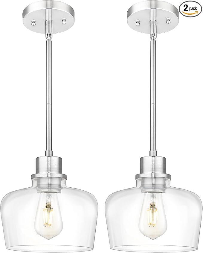 Emak 8 Inch Clear Glass Pendant Lights Kitchen Island, 2 Pack Brushed Nickel Pendant Light Fixtures, Modern Island Lights for Kitchen, Dining Room, Bar, PL122-BN-CG-2PK