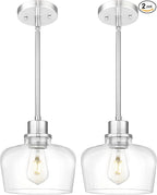 Emak 8 Inch Clear Glass Pendant Lights Kitchen Island, 2 Pack Brushed Nickel Pendant Light Fixtures, Modern Island Lights for Kitchen, Dining Room, Bar, PL122-BN-CG-2PK