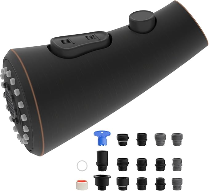 Hibbent Curved Pull Down Kitchen Faucet Head Replacement, 3-Function Kitchen Sink Spray Nozzle with 14 Adapters, Anti-Splash, Compatible with Kohler Bent Faucets, Oil-Rubbed Bronze