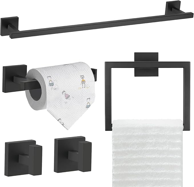 TQKAG 5-Piece Matte Black Bathroom Hardware Set Classic Wall Mounted Bathroom Accessories Set SUS304 Stainless Steel Towel Bar Sets 23.6" Towel Rack for Bathroom Towel Holder Set,Black
