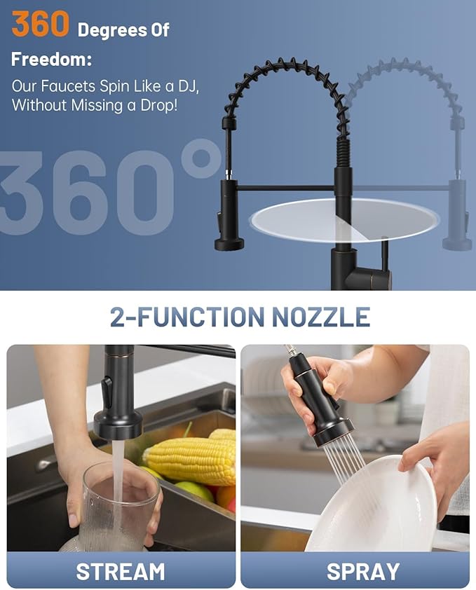 APPASO Bronze Kitchen Faucet with Soap Dispenser, ORB Pull Down Kitchen Sink Faucet, SUS304 Stainless Steel Single Handle High Arc Spring Faucet, Oil Rubbed Bronze