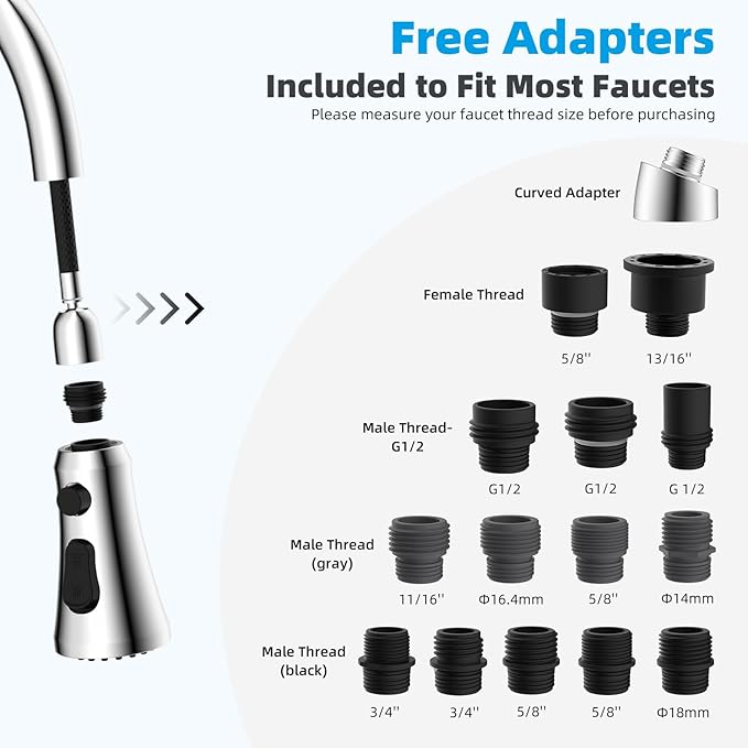 Hibbent Pull Down Kitchen Faucet Head Replacement, 3-Function NSF/ANSI/CAN 61 & CUPC Certified Sink Spray Nozzle, 15 Adapters, Compatible with Moen, Delta, Kohler Faucets, Chrome (Shiny Silver)