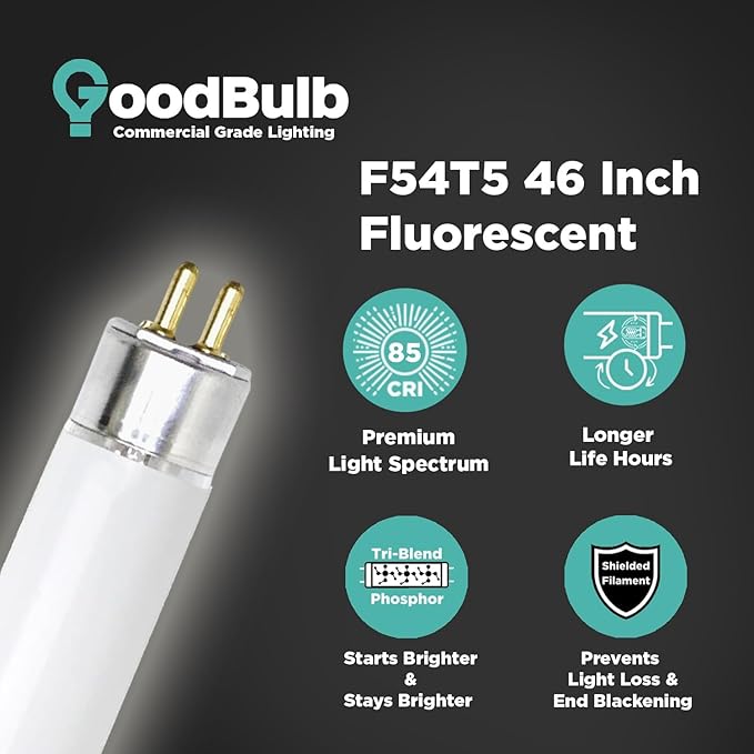 GoodBulb 54-Watt 46 Inch T5 Fluorescent Light Bulb 4100K Cool White Color Medium Bi-Pin Base 4950 Lumens 85 CRI 36000 Life Hours Instant/Programmed Start (Pack of 40)