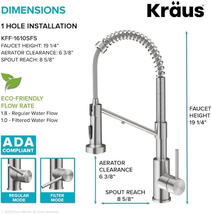 KRAUS Bolden 2-in-1 Commercial Style Pull Down Single Handle Water Filter Kitchen Faucet for Reverse Osmosis or Water Filtration System in Spot-Free Stainless Steel, KFF-1610SFS