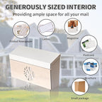 Wall Mount Mailbox, Large Capacity Mailbox for House Outside, Galvanized Steel Rust-Proof Metal Post Drop Box, 15.74"×9.84"×4.33" Flower Hollowed Wooden Patterned Metal Sheet