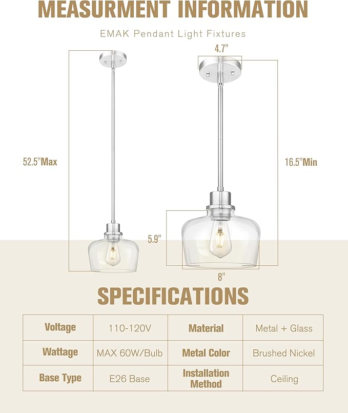 Emak 8 Inch Clear Glass Pendant Lights Kitchen Island, 2 Pack Brushed Nickel Pendant Light Fixtures, Modern Island Lights for Kitchen, Dining Room, Bar, PL122-BN-CG-2PK