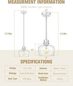 Emak 8 Inch Clear Glass Pendant Lights Kitchen Island, 2 Pack Brushed Nickel Pendant Light Fixtures, Modern Island Lights for Kitchen, Dining Room, Bar, PL122-BN-CG-2PK