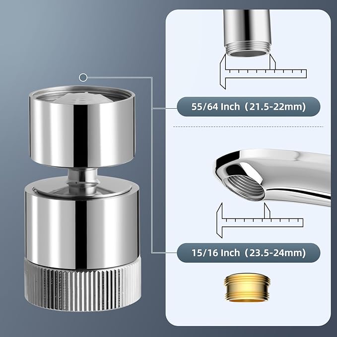 Hibbent Dual Water Flow Kitchen Sink Sprayer - 360-Degree Swivel Bathroom Faucet Aerator - Easy to Control Water Sprayer by One Hand - 2.5 GPM - 55/64 Inch - 27UNS Female Thread - Chrome