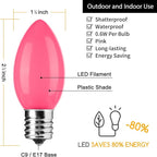 Brightown C9 LED Replacement Christmas Bulbs, 25 Pack Pink Shatterproof C9 Bulbs, Waterproof Commercial LED Holiday Bulb for Christmas String Light, E17 Intermediate Base, Dimmable