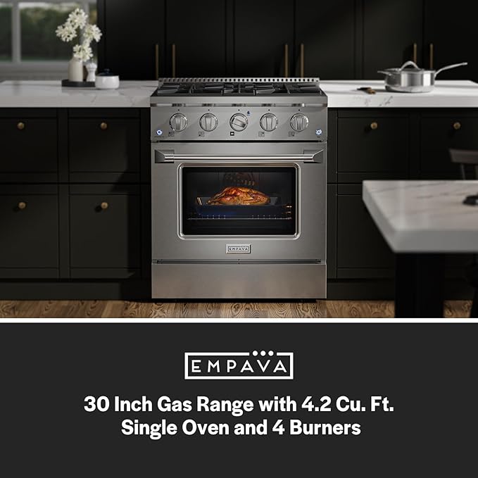 Empava Gas Range,Convection Oven 4.2 Cu. Ft with 4 Deep Recessed Burners Cooktop, Heavy Duty Continuous Grates in Stainless Steel for Kitchen, Restaurant.Freestanding & Slide-In,30 Inch