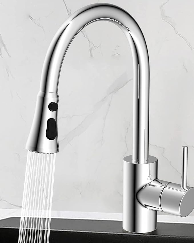 Hibbent Pull Down Kitchen Faucet Head Replacement, 3-Function NSF/ANSI/CAN 61 & CUPC Certified Sink Spray Nozzle, 15 Adapters, Compatible with Moen, Delta, Kohler Faucets, Chrome (Shiny Silver)