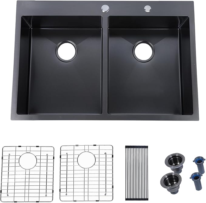 SHACO 33x22 Inch Black 50/50 Double Bowl Drop In Kitchen Sink, Top Mount 16 Gauge Gunmetal Black Stainless Steel Kitchen Sink with Grid and Accessories